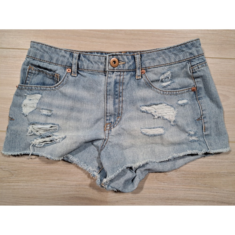 Bethany Mota High Rise Shorty Distressed Denim Jean Shorts Light Wash Womens 4